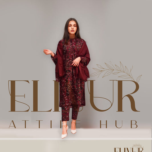 Mehroon Printed khaddar - EW-WC-02